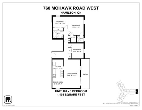 Floor plan for 3 beds, 1.5 baths, 1108 sqft